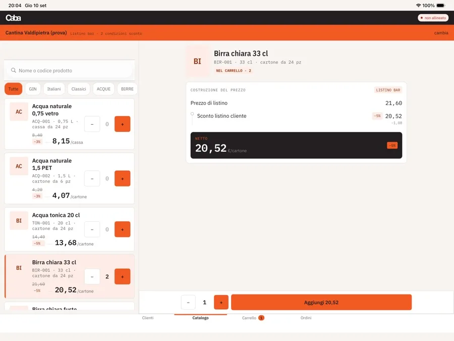 App CABA su iPad: catalogo e pannello di costruzione del prezzo