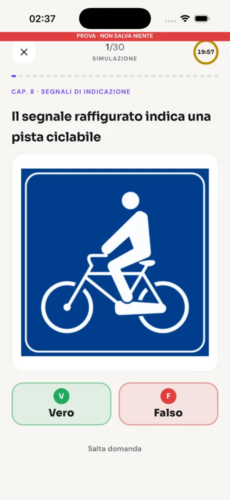 Guidooo, quiz: simulazione d'esame con domanda, segnale e risposte vero/falso