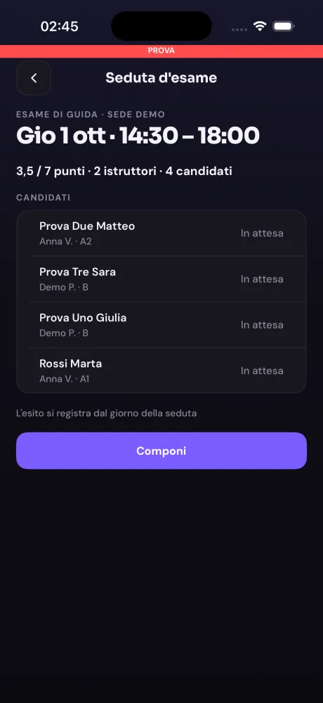 Guidooo, seduta d'esame: candidati, istruttori e punti della seduta