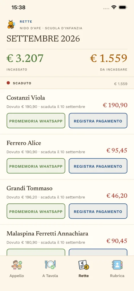 NidoApe, rette: quote del mese per stato, promemoria WhatsApp e registrazione del pagamento