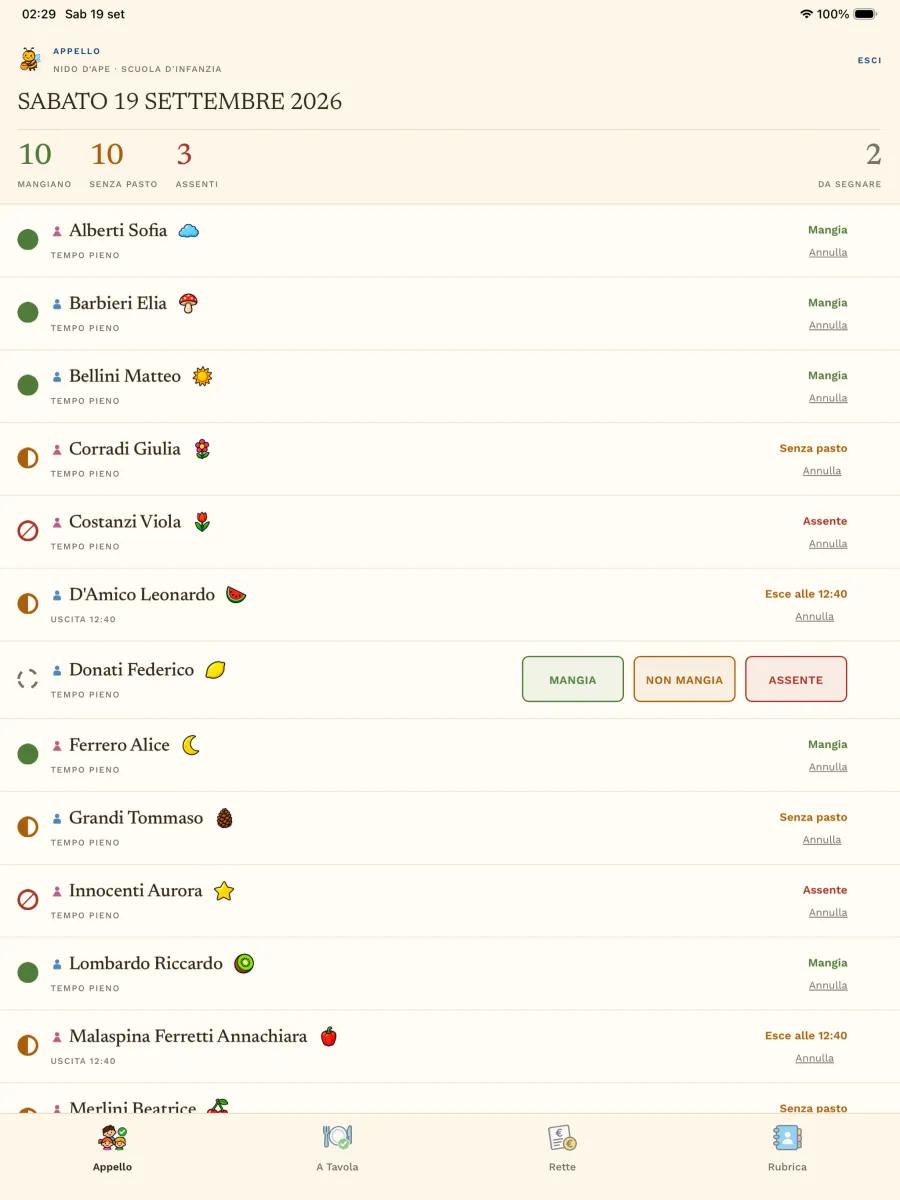 NidoApe on iPad: today's attendance